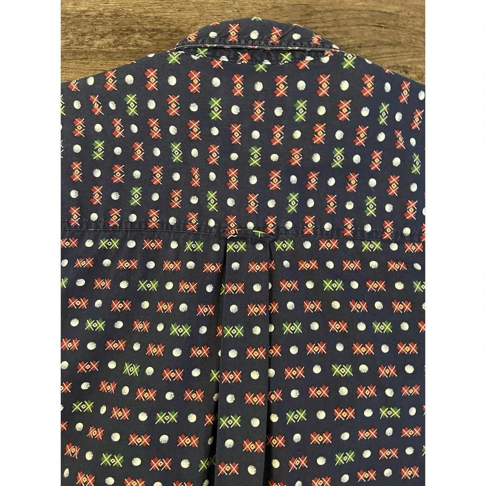 Vintage 90s CHAPS RALPH LAUREN Button Down ALL OVER GOLF PRINT Cotton L Blue E15